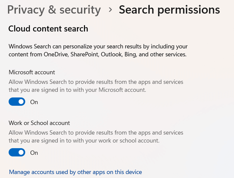 Privacy & Security search permissions window for cloud content search toggles