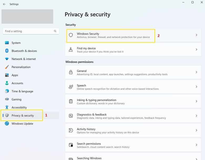 Windows Security under Privacy & Security Settings