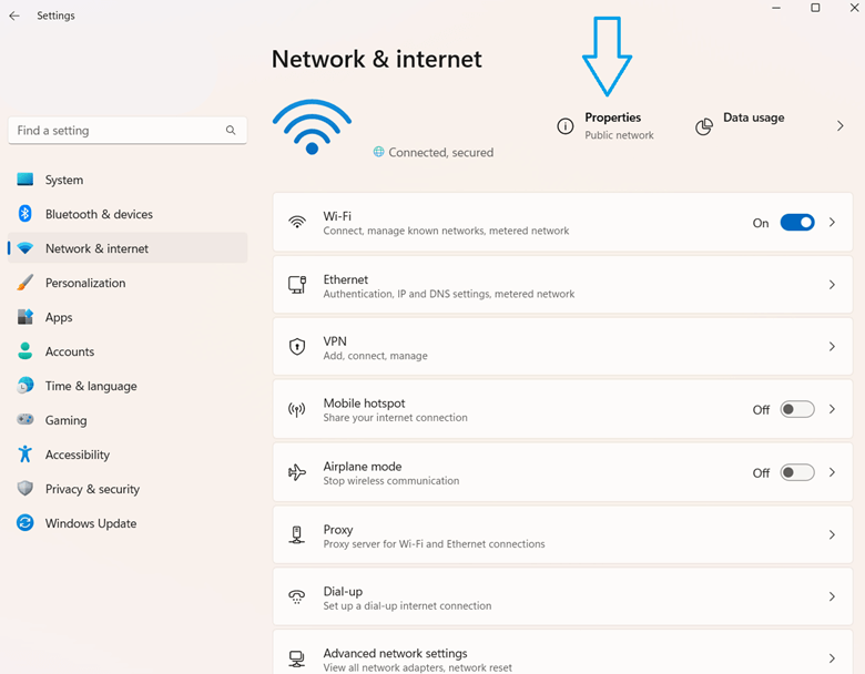 Network & internet settings properties