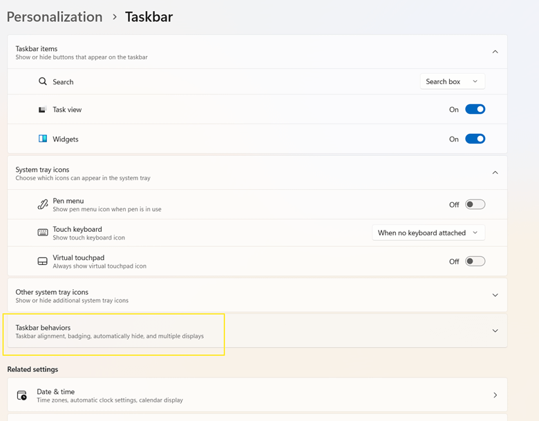 Option zum Verhalten der Taskleiste in den Personalisierungseinstellungen