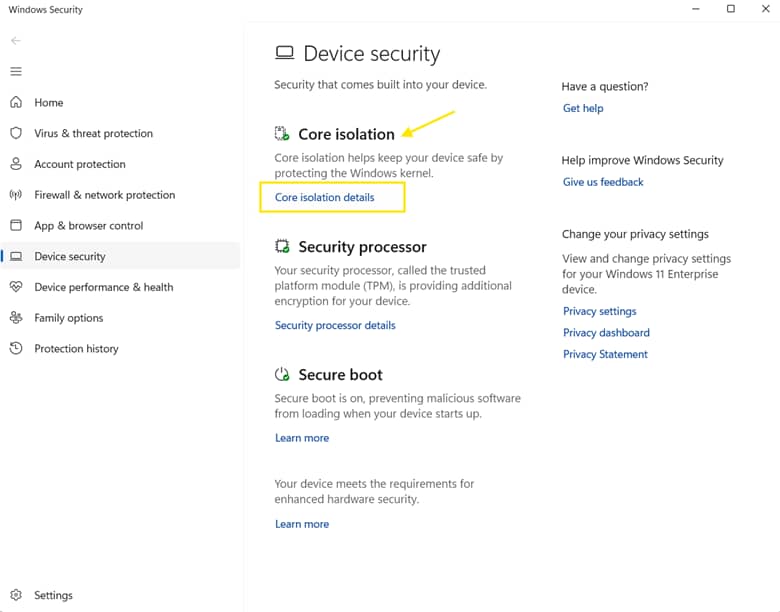 Core isolation details under device security