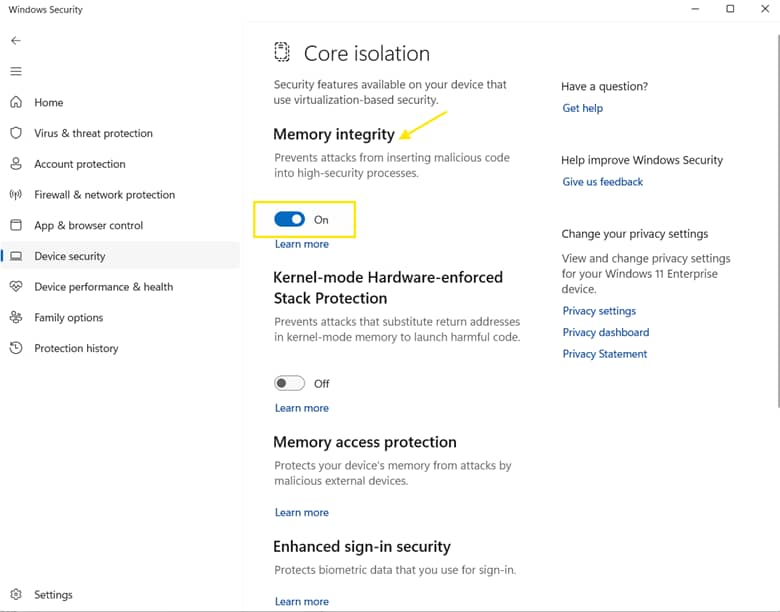 Memory integrity under Core isolation option