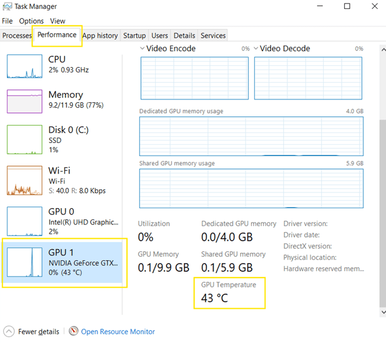 Task Manager window and Click Performance Tab to see GPU Temp