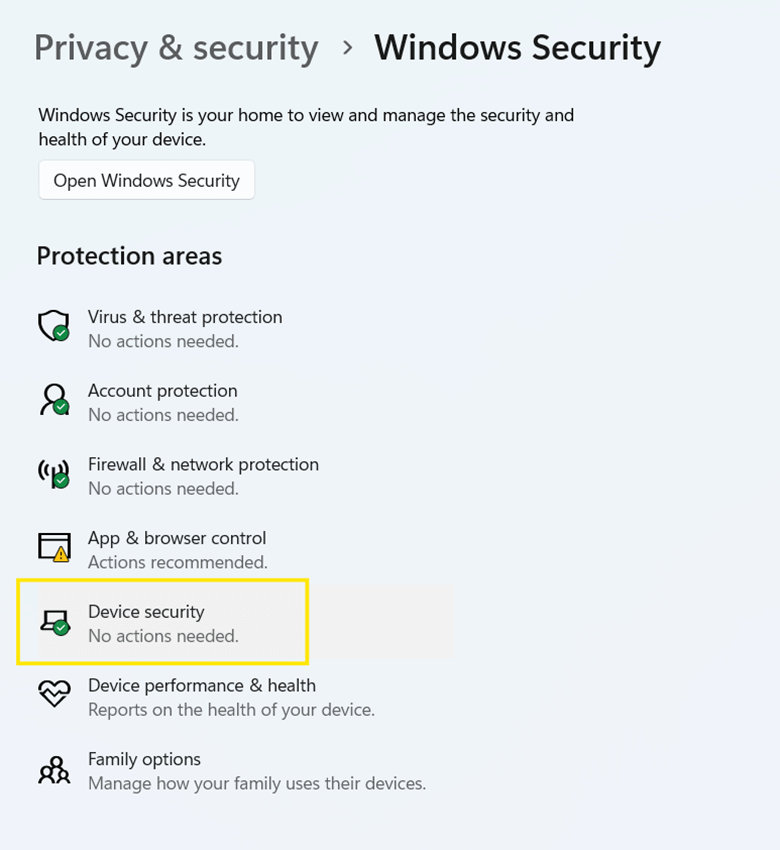 Device Security under Windows Security Settings