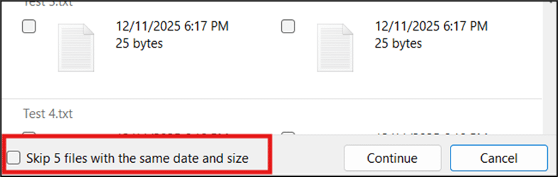 skip multiple files with identical size and date