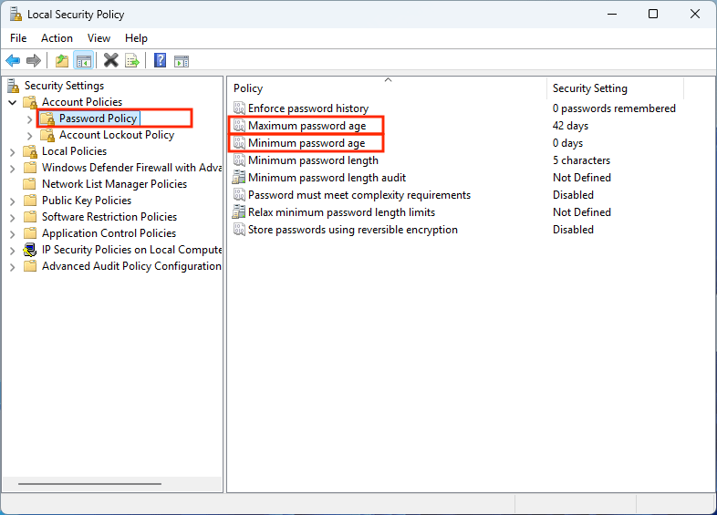 Configuration de l'âge minimum du mot de passe à l'aide de la stratégie de sécurité locale