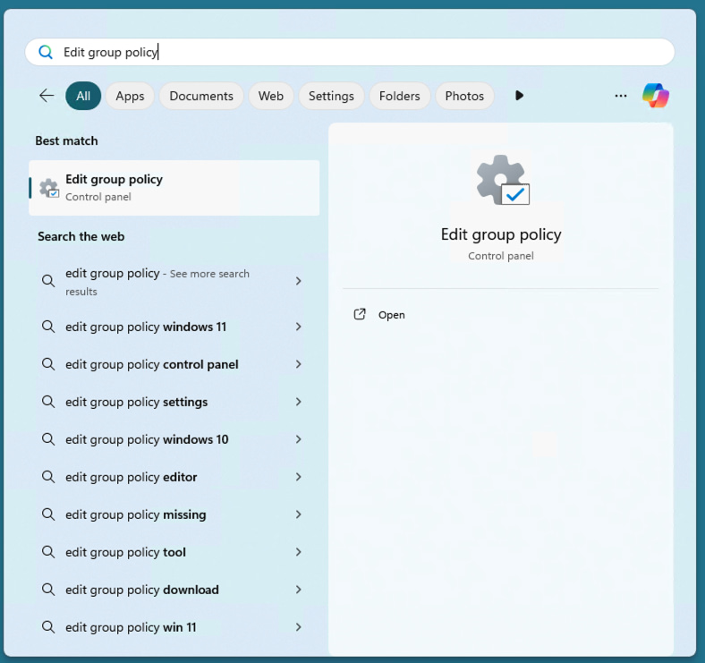 Cliquez sur le résultat Modifier la stratégie de groupe dans le Panneau de configuration