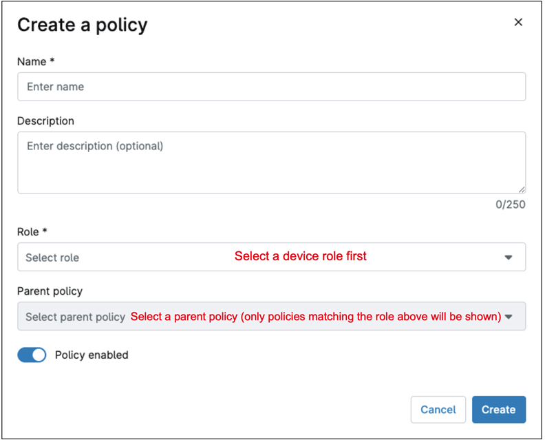 Create a policy modal