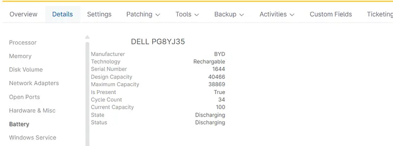 Screenshot showing device battery details