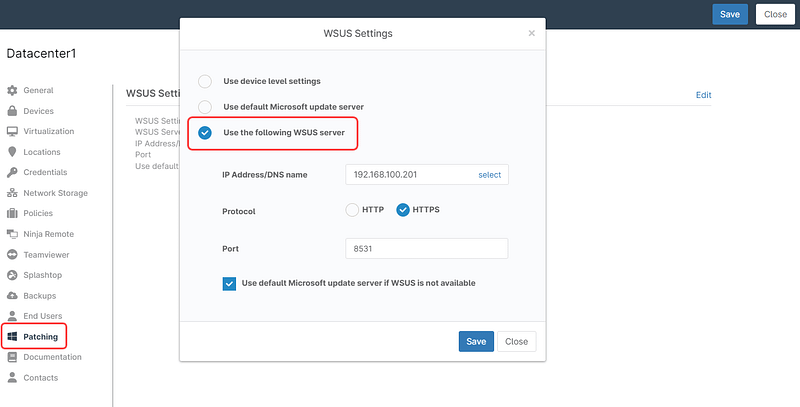 A screenshot showing the wsus settings