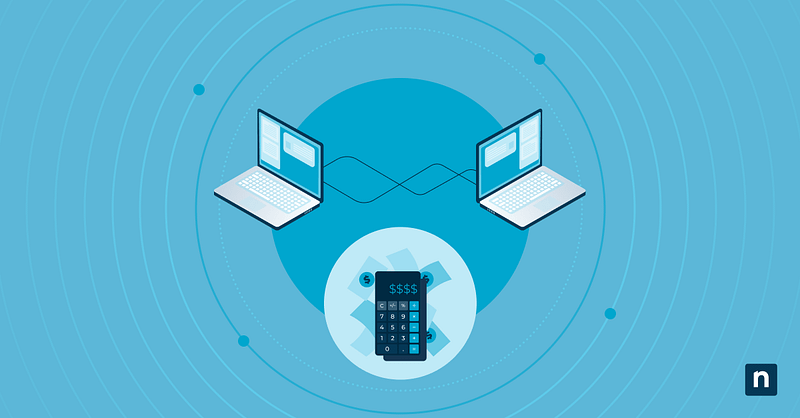 An illustration of laptops connected to a calculator with dollar signs representing a blog post on MSP sales process