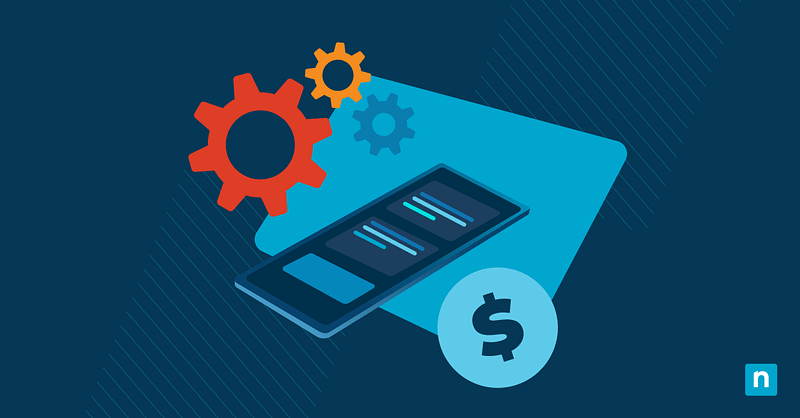 Illustration of a mobile device, gear icons, and a dollar symbol representing MDM pricing and MDM costs