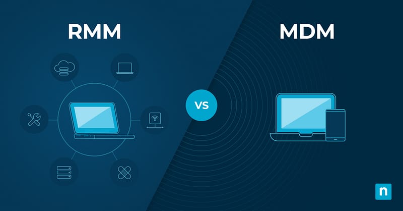 RMM vs MDM Software Illustration of rmm features and mdm endpoints divided by a line representing rmm vs mdm