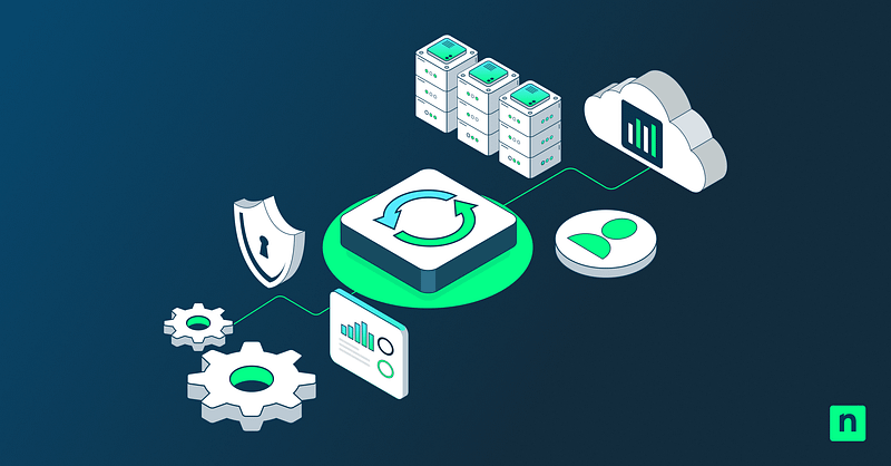 N1-0921-Reboot-Inside-an-Automation-Chain-Blog-hero Automation workflow illustration with sync arrows, cloud storage, servers, analytics, and security icons