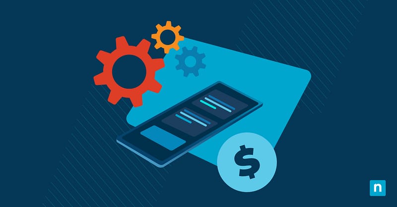 Illustration of a mobile device, gear icons, and a dollar symbol representing MDM pricing and MDM costs