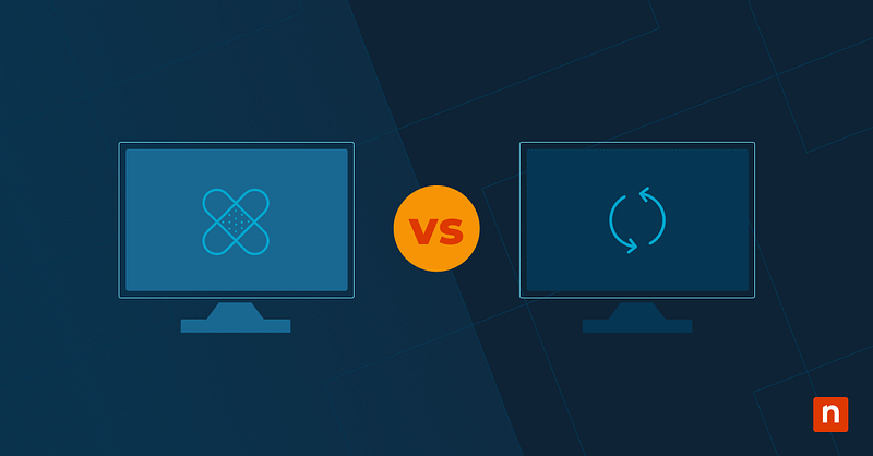 Differenza tra Patch e aggiornamento: comprendere le principali differenze Illustrazioni di dispositivi con icone che rappresentano una patch o un aggiornamento in relazione agli endpoint