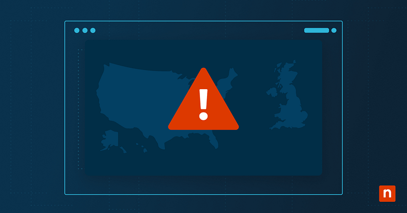 A graphic with an illustration of a red exclamation mark over a map representing Cybercrime & Cybersecurity Statistics for the US & UK