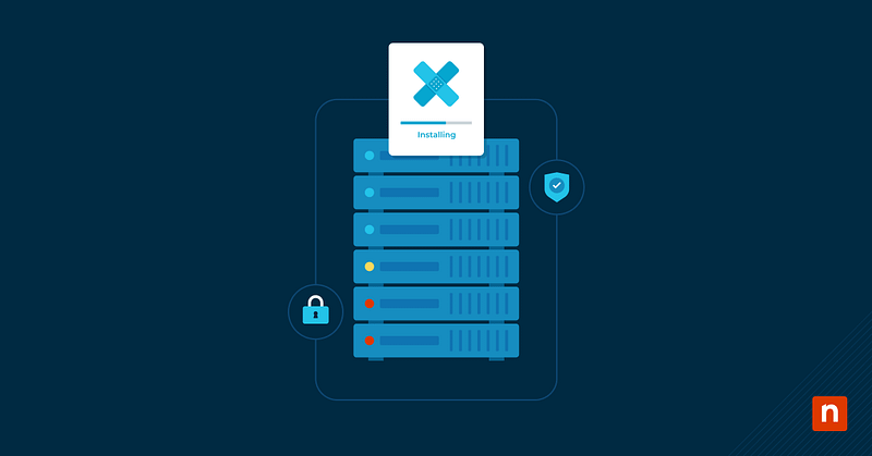 What is Server Patching? Illustration of a server and a patch icon representing the topic of server patching