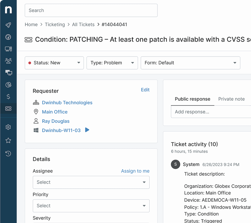 NinjaOne Ticketing dashboard screenshot NinjaOne Ticketing dashboard screenshot