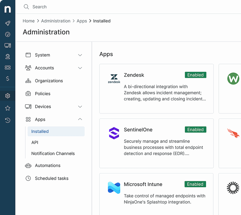 NinjaOne Integrations dashboard screenshot NinjaOne Integrations dashboard screenshot