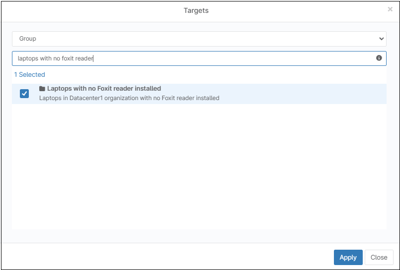 A target list for the group "Laptops with no Foxit installed"