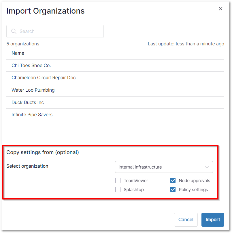 Select an organization to copy settings from to see the ability to choose which items to include.