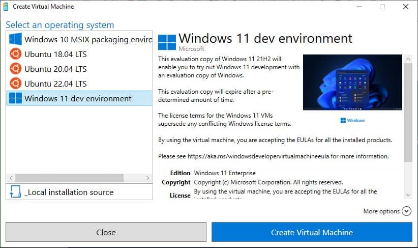 Create virtual machine dialog box