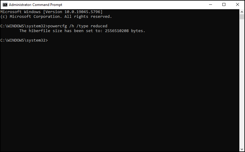 Command Prompt window for reducing hiberfile size