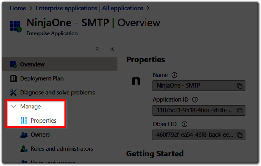 Expand the Manage section and click Properties.