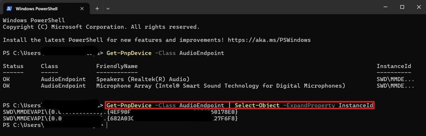 Windows PowerShell command to expand instance ID