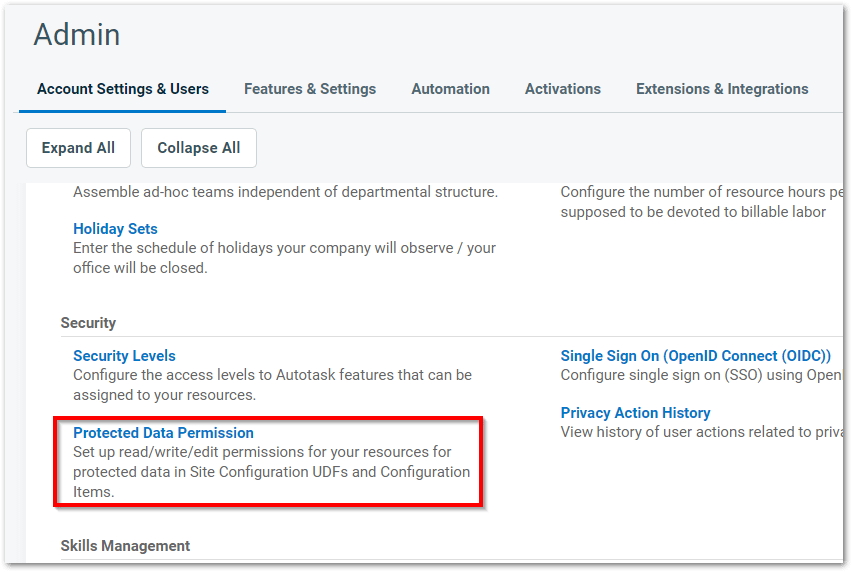 Click Protected Data Permission under Security for the page "How to Connect Autotask with NinjaOne"