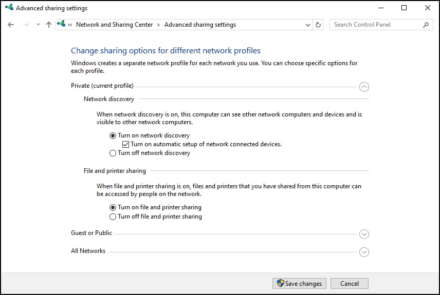 Open Control Panel → Network and Internet → Network and Sharing Center → Advanced sharing settings; under Private profile, select “Turn on network discovery” and “Turn on file and printer sharing”; click Save changes.