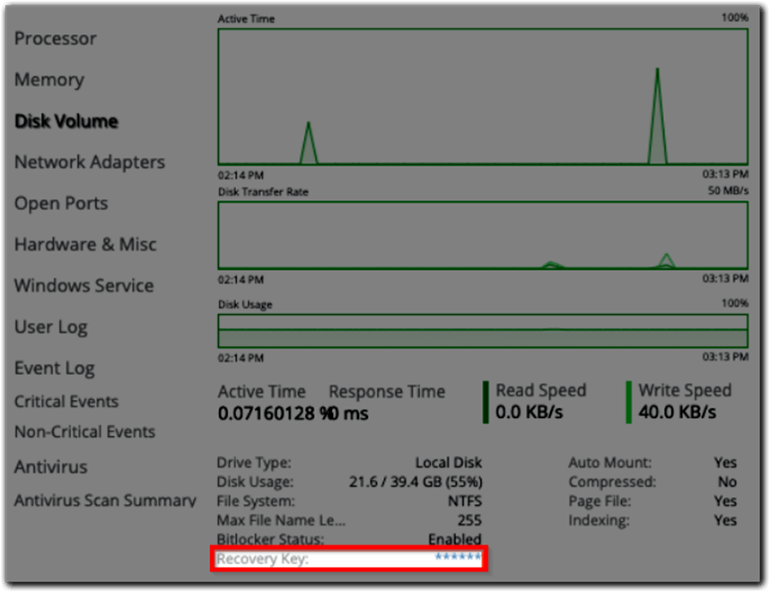 If BitLocker is enabled, select the starred hyperlink next to Recovery Key to view the key.