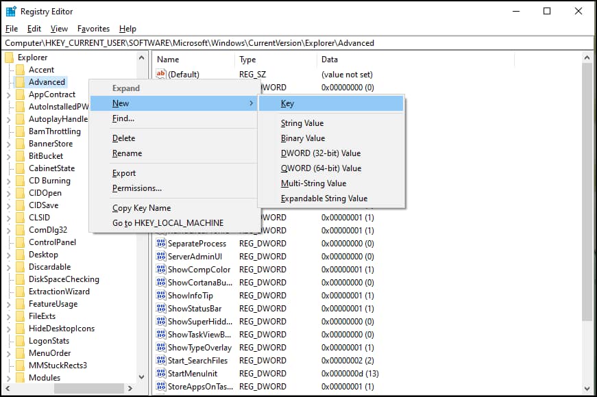 Registry Editor Window, Go to HKEY_CURRENT_USER\Software\Microsoft\Windows\CurrentVersion\Explorer\Advanced > Find DisablePreviewDesktop, create DWORD(32-bit) > Set Value data to 1