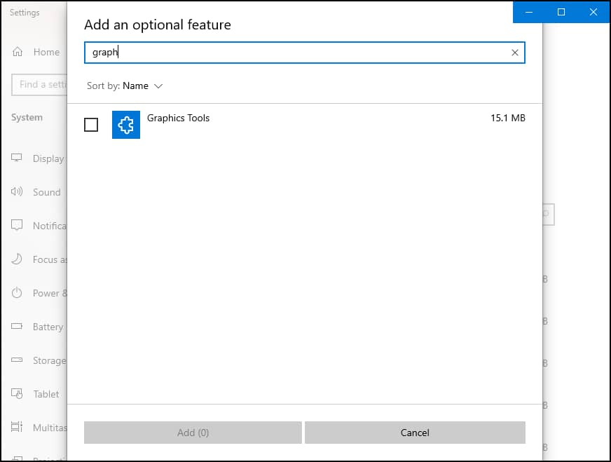 Open Settings → Apps (or Apps & features) → Optional Features. If Graphics Tools is not listed, click Add a feature to select it and install.