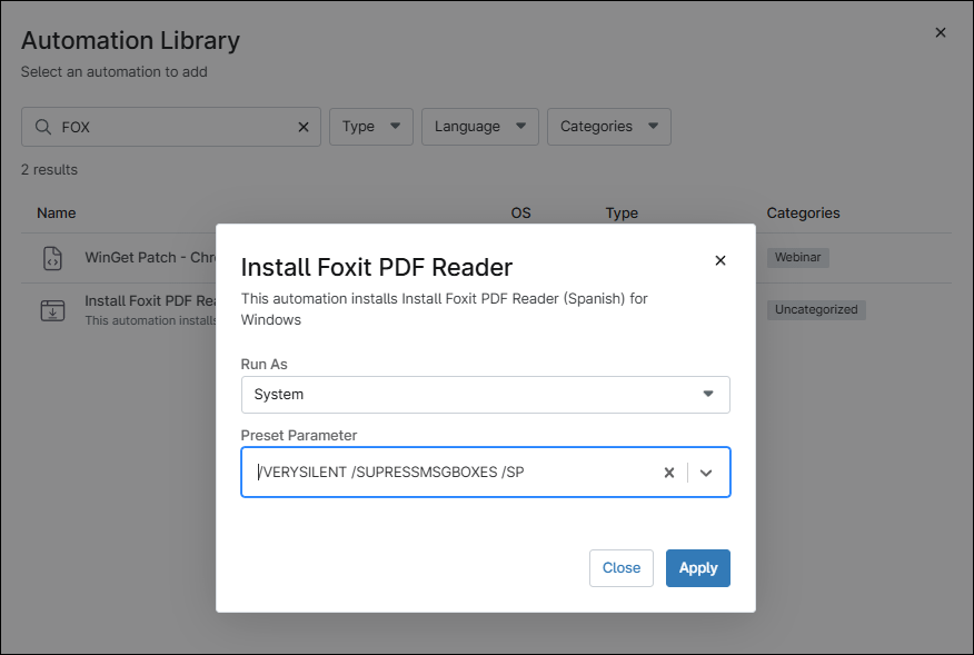 A dialog box with name, description, system account (Run As) and Preset Parameter to use for installing the package.