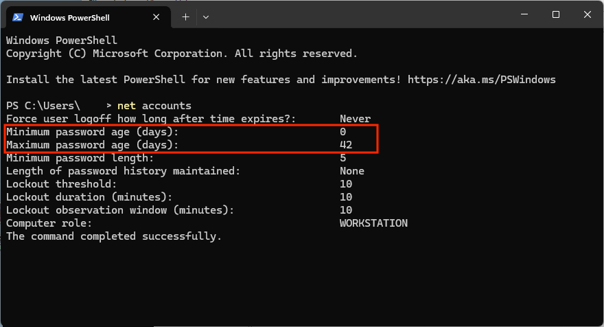 Visualizza le età minime e massime delle password attualmente configurate dal prompt dei comandi o da PowerShell