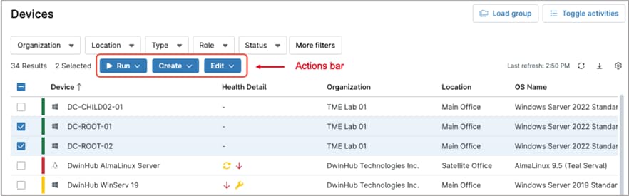 Barra de acción de dispositivos