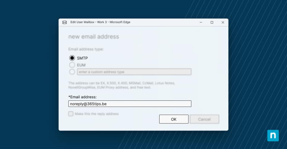 Screenshot of the UI when adding a new email alias within Active Directory