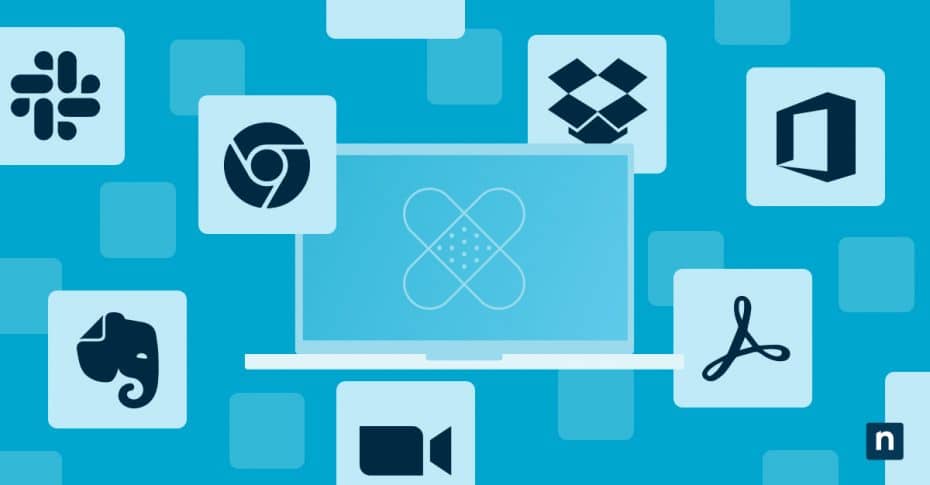 Laptop illustration with various application icons around it representing third-party software patching