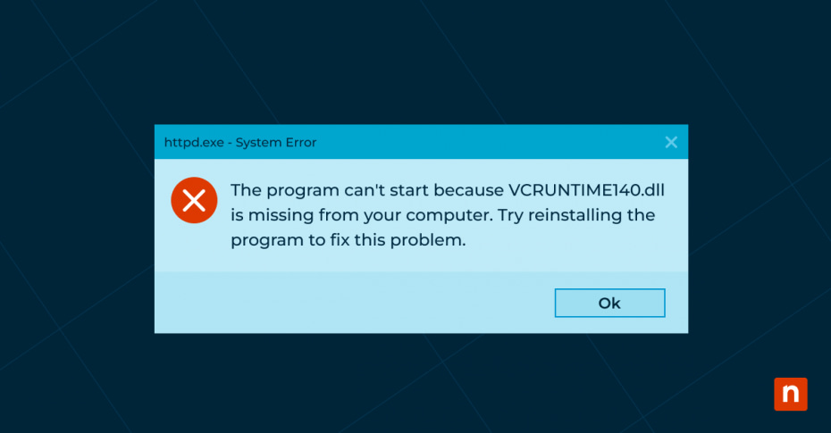 An image of a system error window for the blog Understanding and Resolving the 'vcruntime140.dll not found' Error in Windows