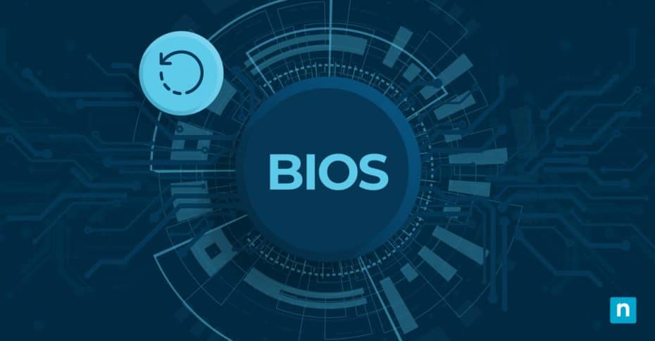 Illustration that reads "BIOS" with an update-related icon near it representing How To Update Your BIOS