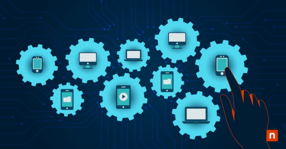 Devices within cogs representing endpoint management