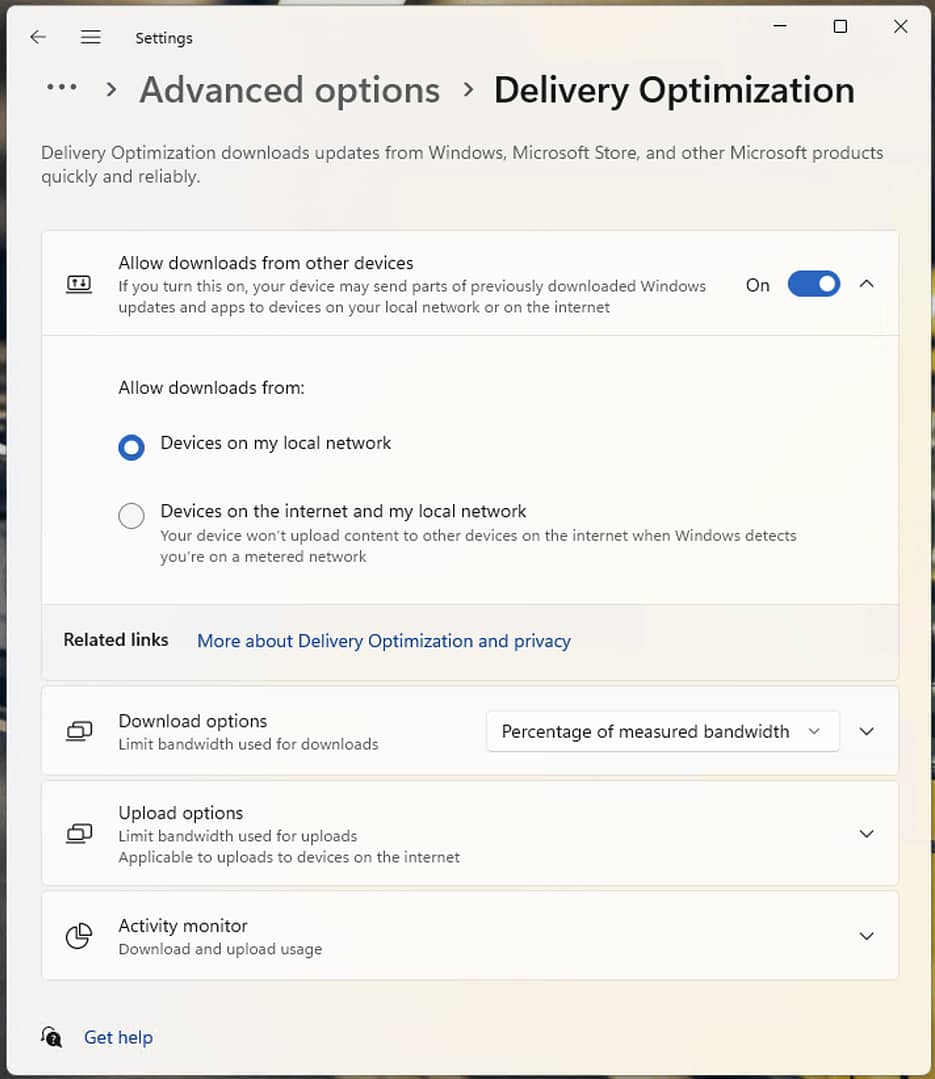 Delivery optimization dialog box