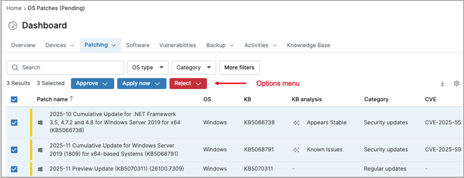 Select the patches to either approve or reject