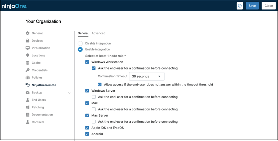 Enable integration. A list of node roles appears.