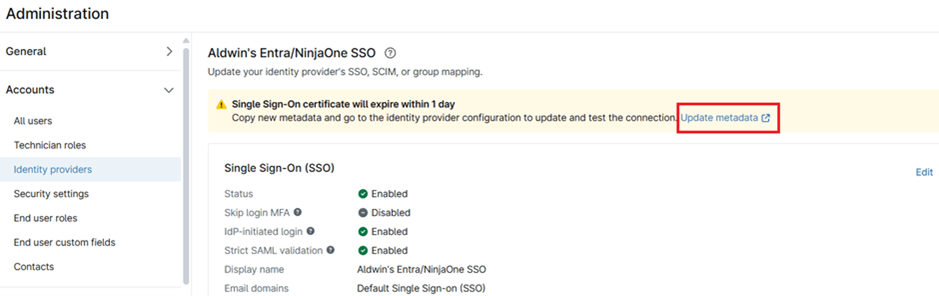 upload the new Federation Metadata XML file downloaded from Entra ID