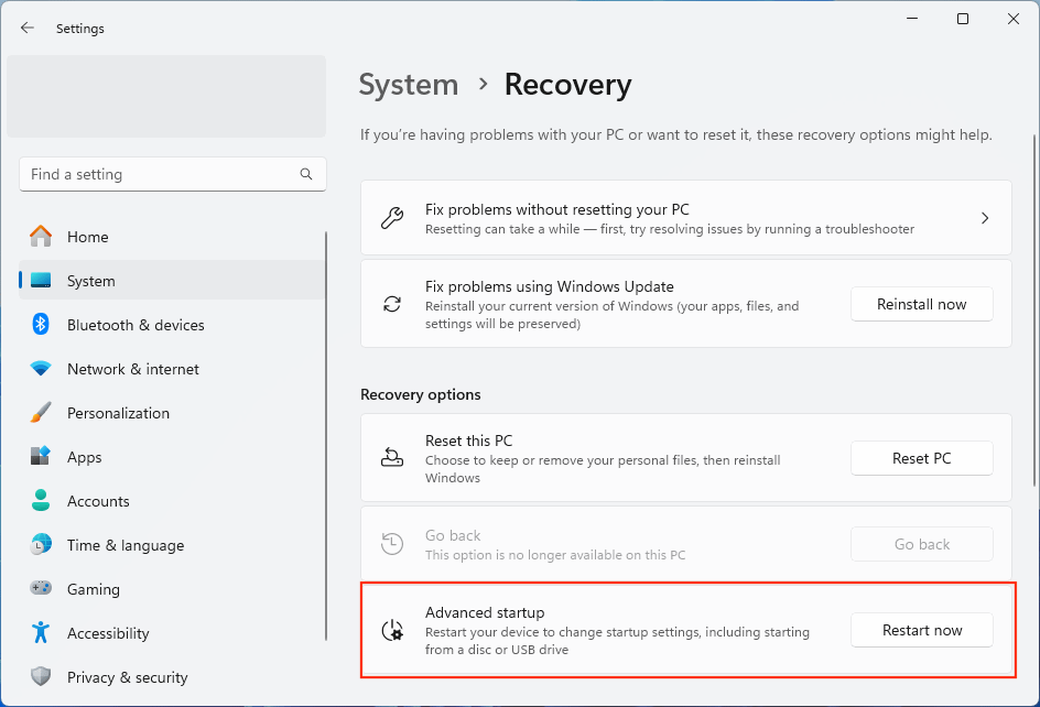 Restart now option