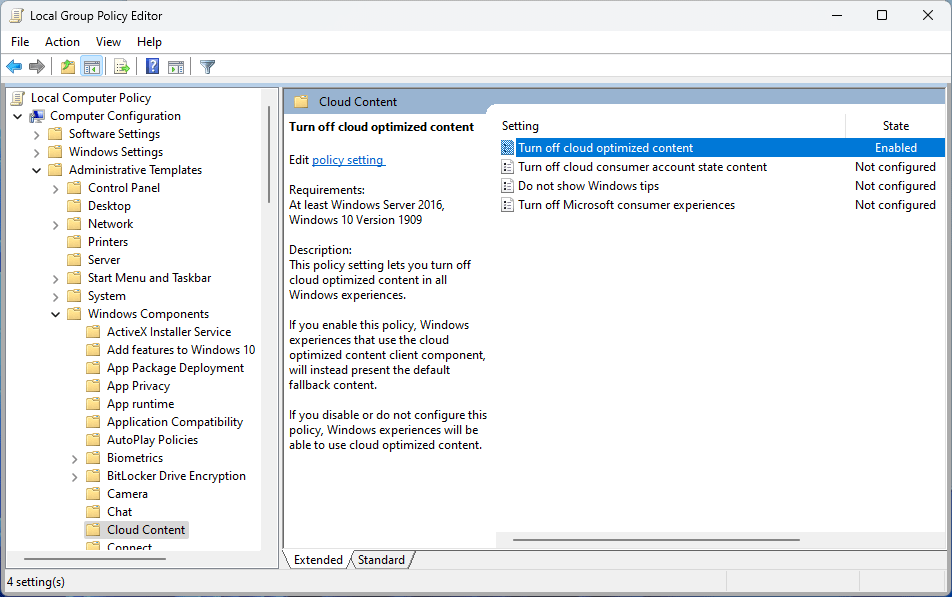 Cambia el valor de Turn off cloud optimized content a Enabled para el blog How to Find & Remove Bloatware from Windows 11