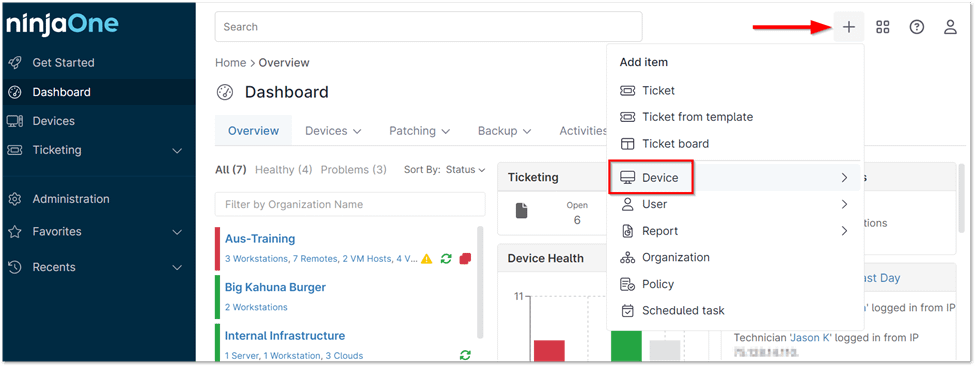 Setting up a new monitor and select the ‘Device’ option